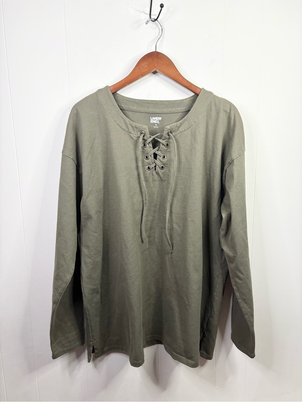 Lands End green long sleeve lace up long line cotton t shirt size XL (18)